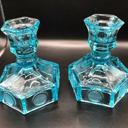 Pair of Fostoria Beautiful Blue Coin Taper Candle Holders No Chips/Cracks