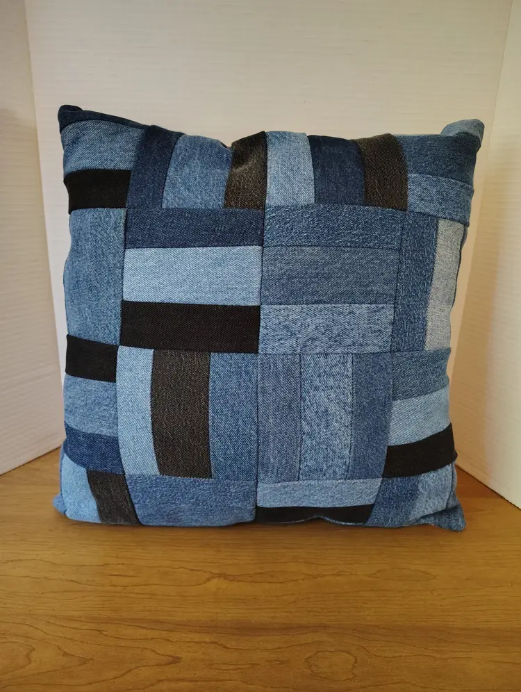 Vintage Handmade Quilted Patchwork Pillow Denim Cross Stitch Birds  Log Cabin