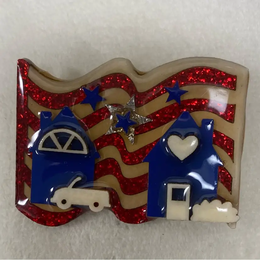 Lucinda House Pin - 4th Of July Glitter Flag! Blue Houses With A White Heart ~ White Convertible Bug! Blue And Silver Stars ~ Patriotic! 1F
