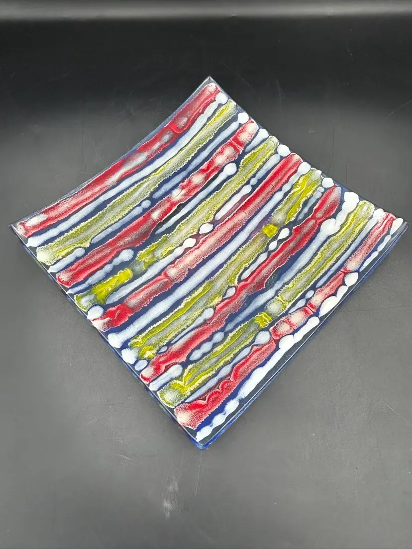 Aboriginal, Australian Fused, Art, Glass, Red, White, Blue, Yellow, Striped Footed Dish
