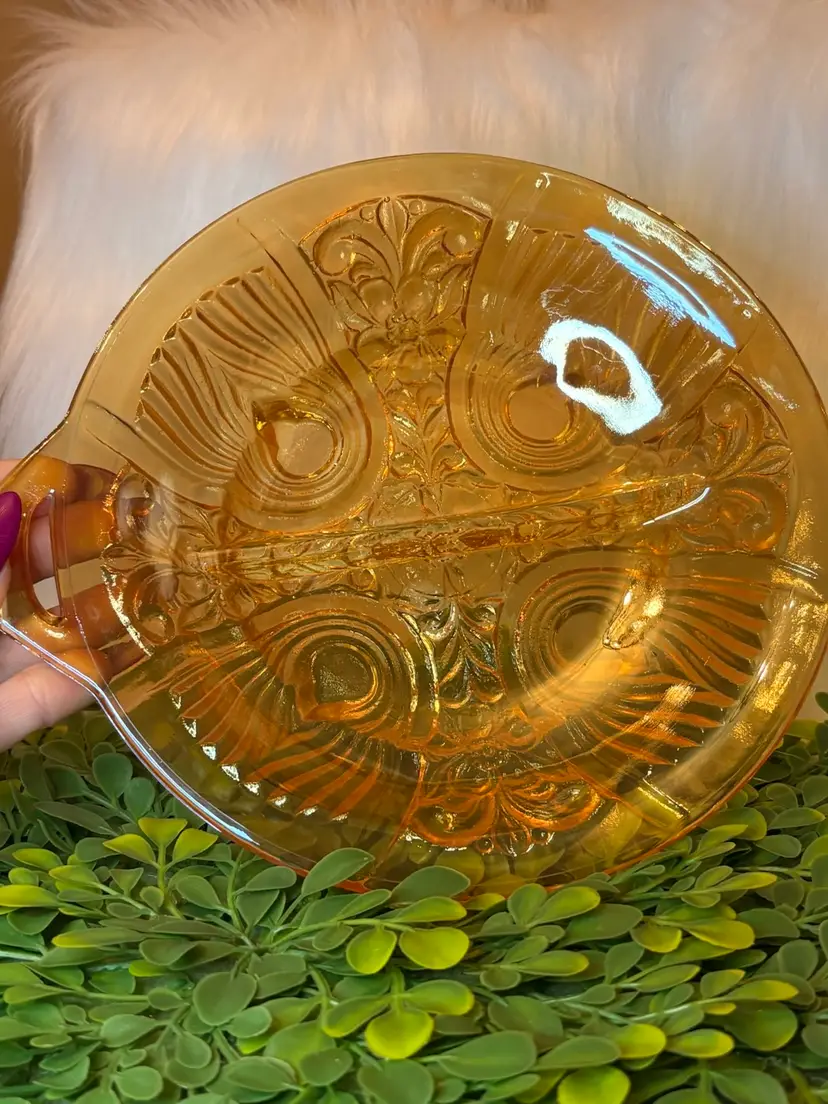Vintage Indiana Killarney Amber Iridescent Carnival Divided Relish Dish Glass