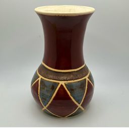 Signed Pottery Diamond Vase - Dark Red and Blue