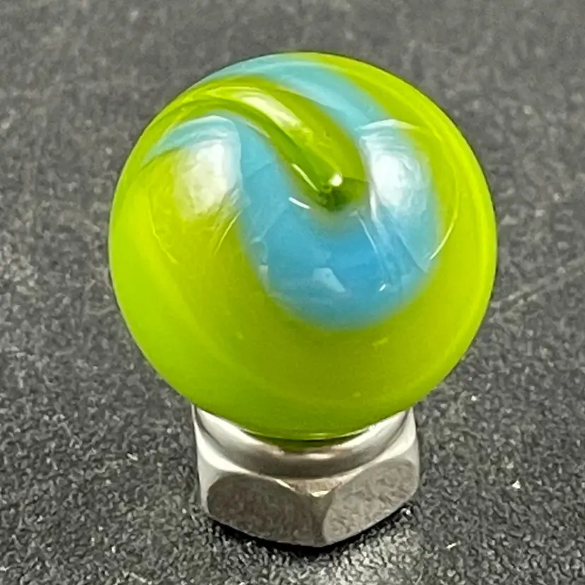 Art Glass Marble Lime Green Blue Yellow White Swirls Glows Vintage Unbranded