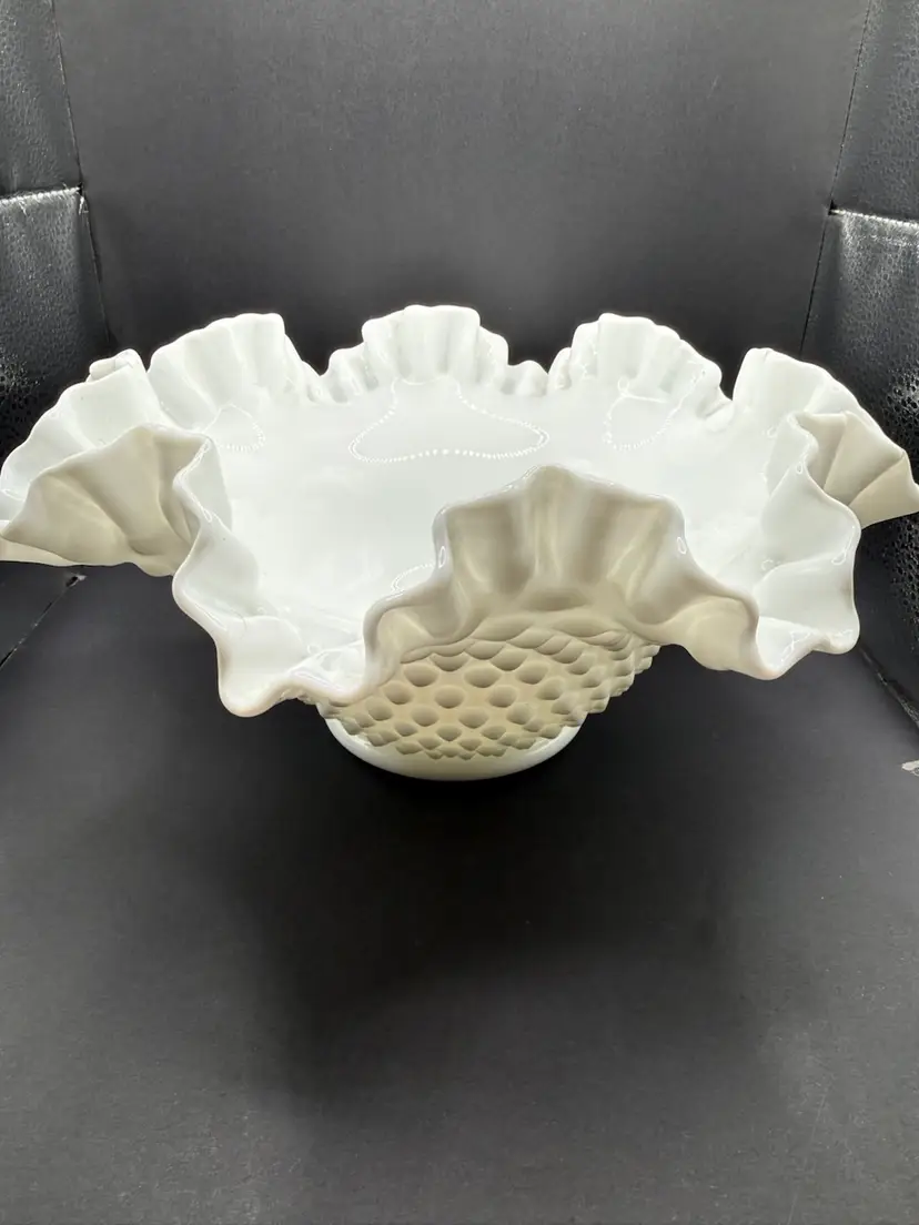 Fenton Milk glass Hobnail Ruffle Bowl 8”