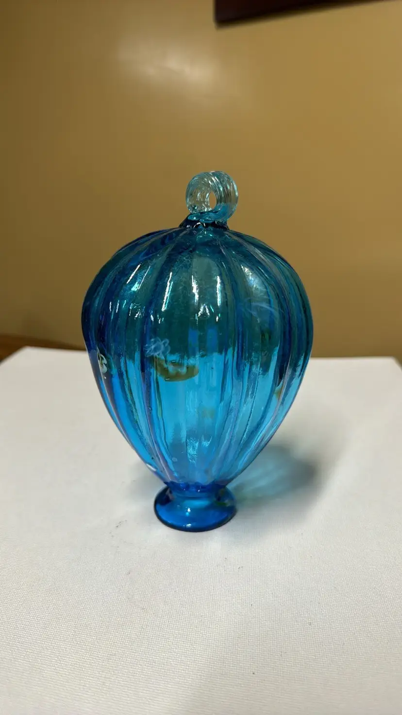 Art Glass Ornament millefiore Blue Yellow Large Teardrop Mouth Blown 7.5” tall