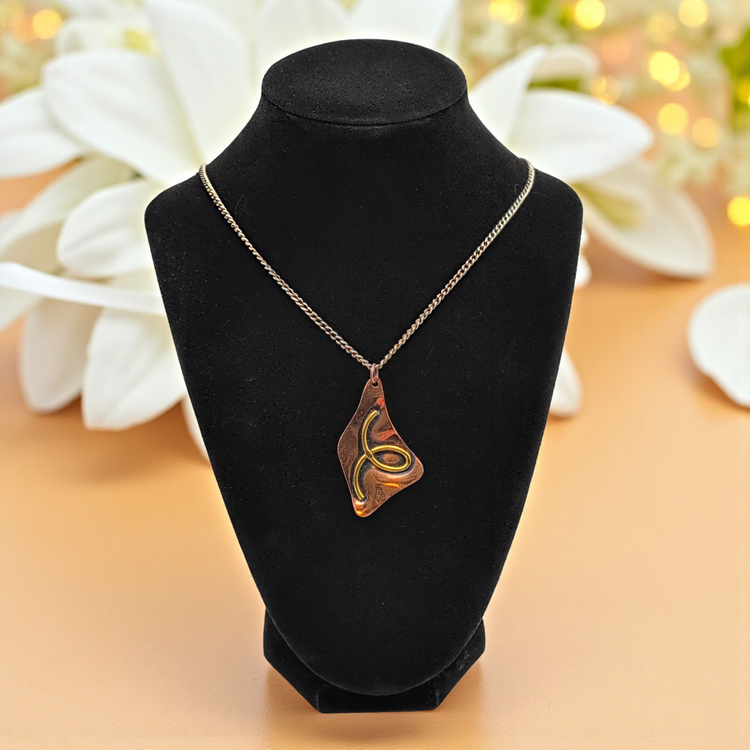 Copper Modernist Abstract Applied Swirl Pendant On Silver Tone Chain Necklace