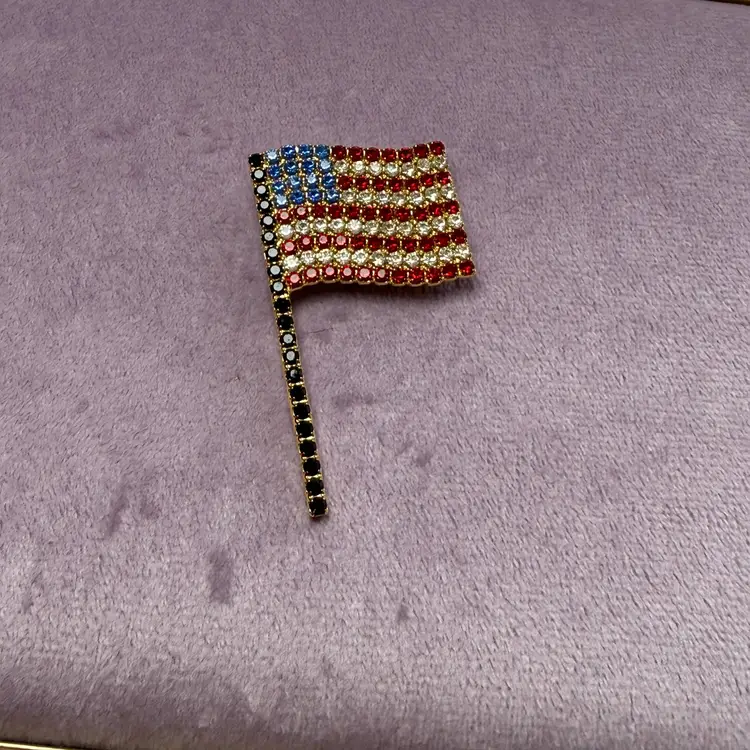 Vintage Dorothy Bauer Signed Brooch Pin American USA Flag United States Crystals