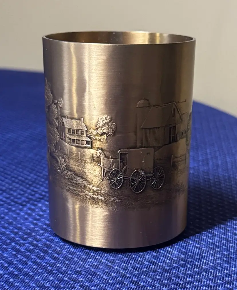 Wendell August Forge Solid Bronze Embossed Pencil Cup Amish Farm Scene 4” tall