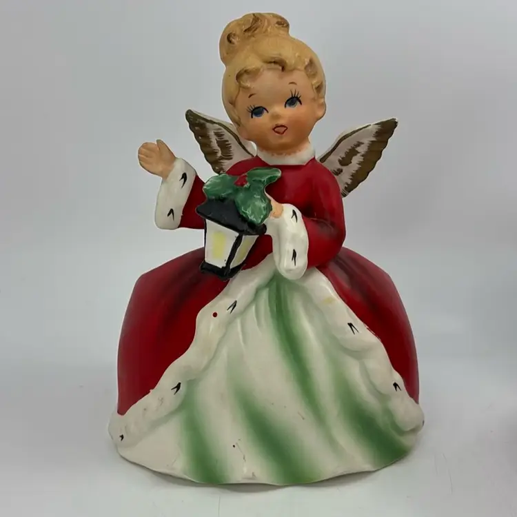 Vintage Napco Christmas Angel Planter Holding Lantern Figurine X7261 7” Repaired Wing