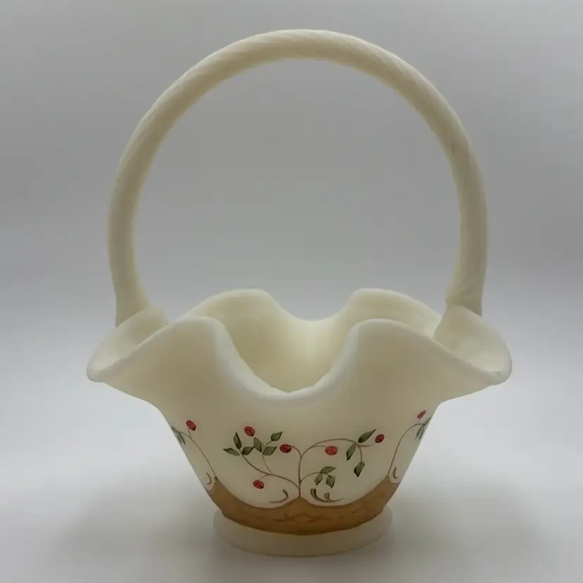 Fenton Custard Satin Glass Red Berries Basket