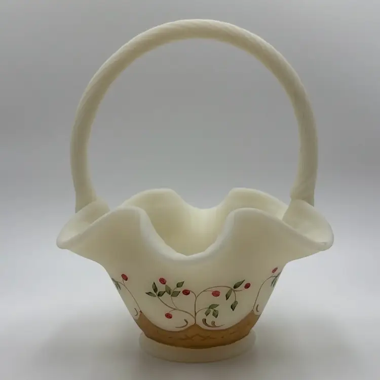 Fenton Custard Satin Glass Red Berries Basket