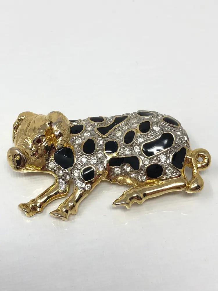 Gold Tone Rhinestone Pig Brooch
