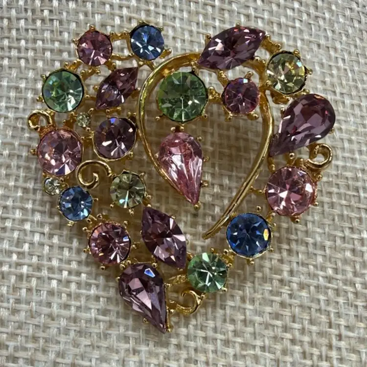 Vintage Graziano Heart Shaped Gold-Tone And  Multicolor Rhinestone Brooch