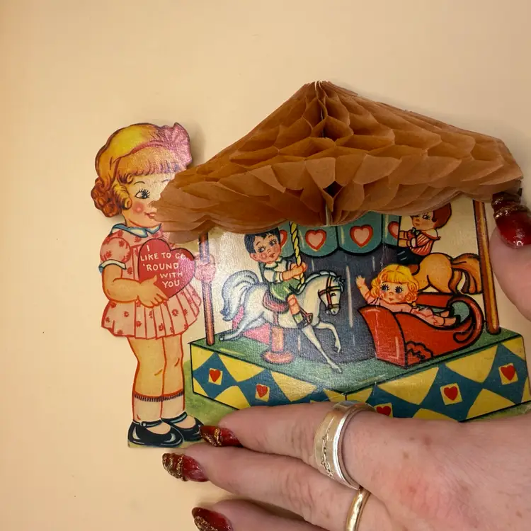 Vintage Valentine Go Round With You Carrousel Pop Up Die Cut Card - Unused