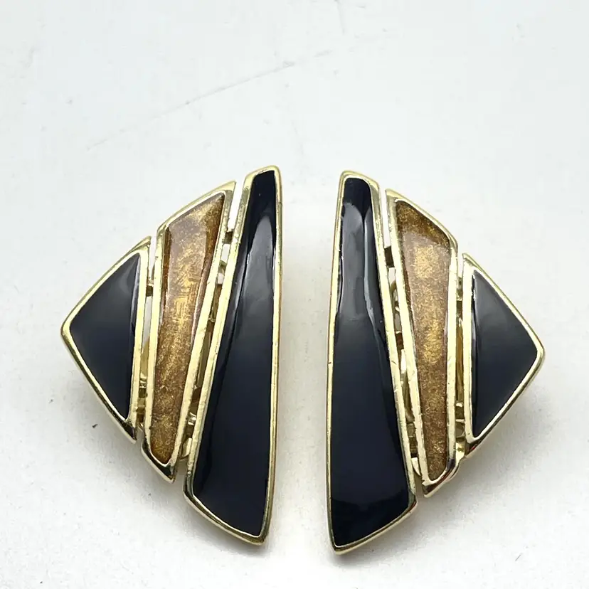 Vintage TRIFARI Clip On Earrings Geometric Art Deco Statement Retro Signed 18905