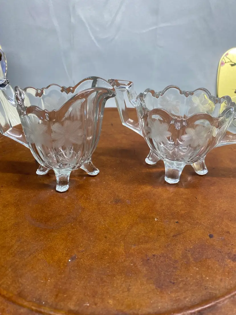 Vintage Glass 4 Footed Sugar And Creamer Set With Etched Flowers