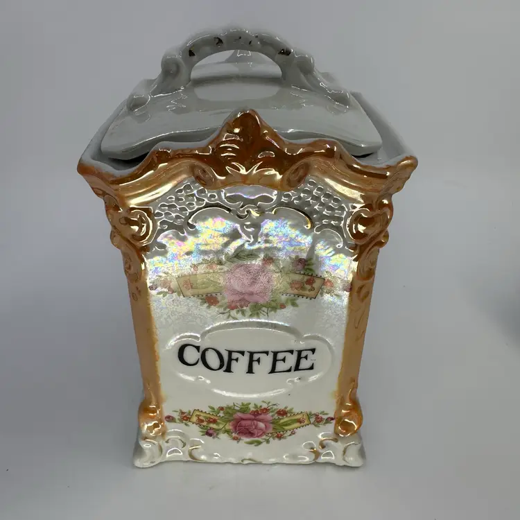 Mepoco Ware Japan Lusterware Floral Pattern Coffee Canister Jar 7.5”