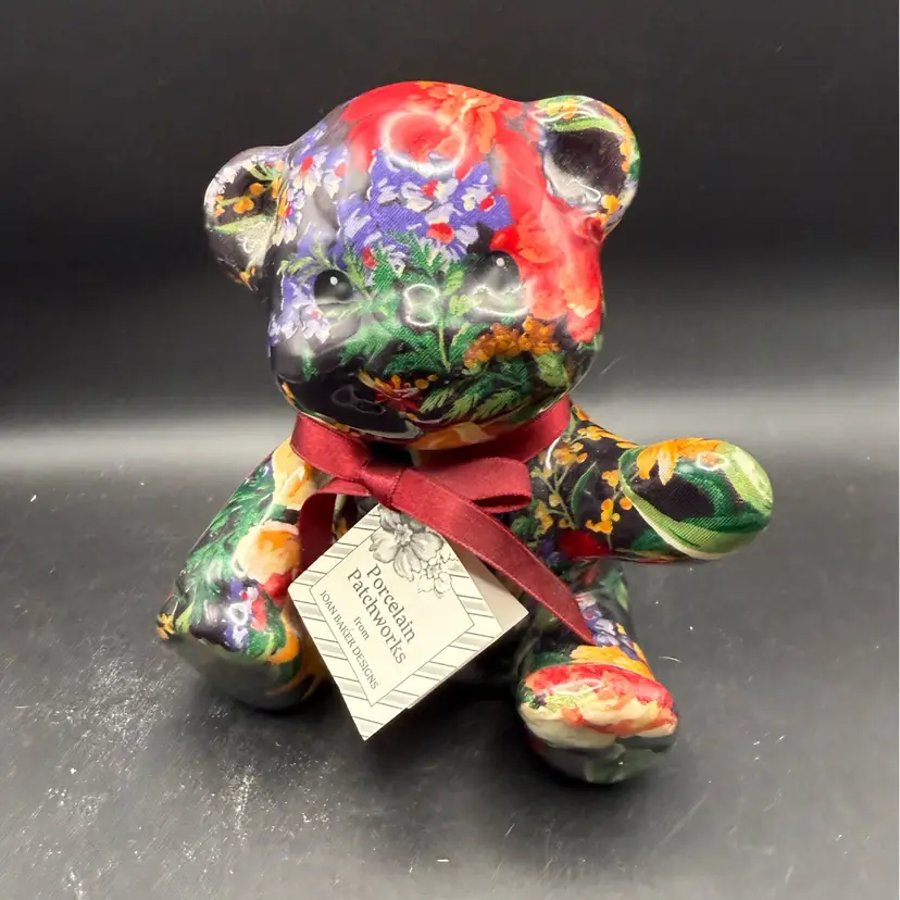 Vintage Joan Baker Designs Porcelain "Patchwork" Floral Print Teddy Bear Figurine