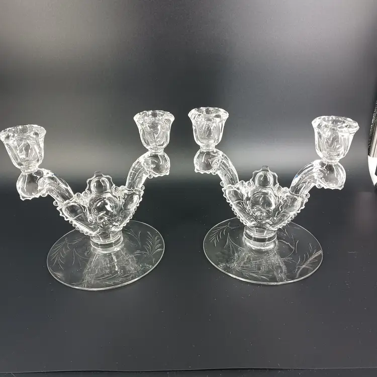 Heisey Pair of 2 Light Candelabras Candle Holders Enchantress Etched Vintage