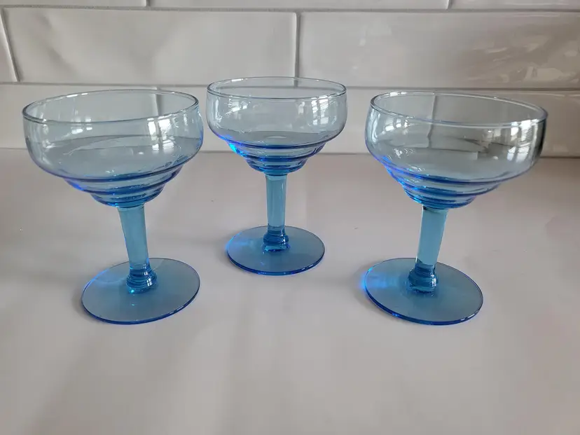 VNTG Blue Glass champagne coupes/sherbert/dessert glasses, 4.5", set of 3, GLOWS