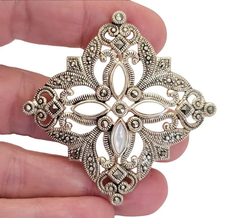 Sterling Silver Art Deco Style Marcasite Mother Of Pearl Cab Cross Brooch K234