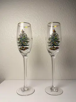 Spode Christmas Tree Champagne Flutes Gold Rimmed 10.25” Tall Set of 2