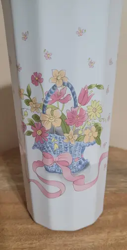 Vintage Porcelain Vase White Multi Colored Floral Basket Pattern 8"