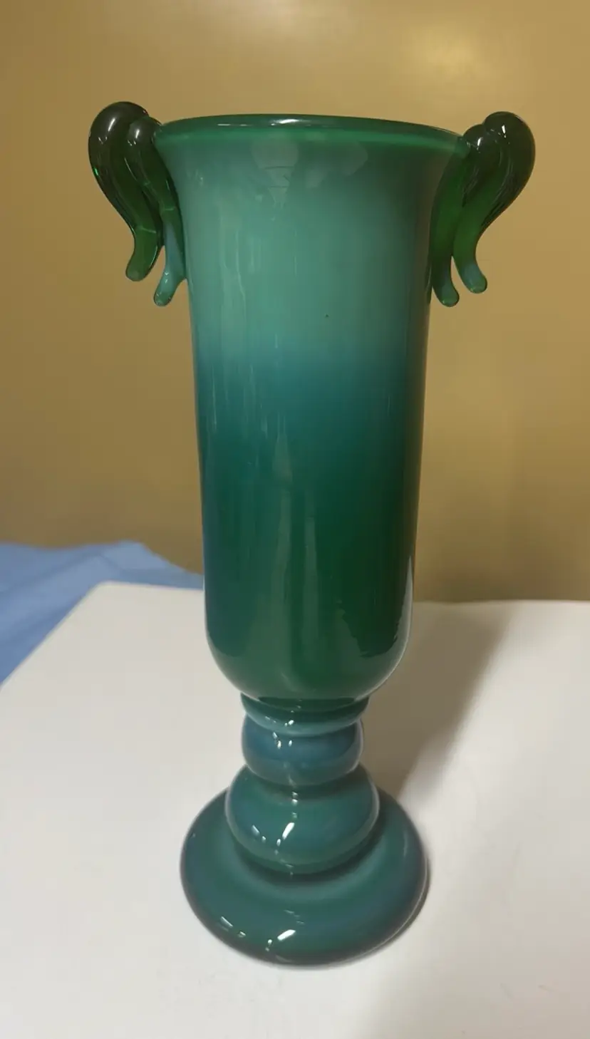 Zofia Pasek Tall Teal Art Glass Vase with Sculpted Handles 11.5” Poland 1970’s