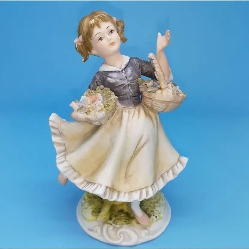 Vintage Lefton girl with two baskets of flowers Figurine original sticker kw118a