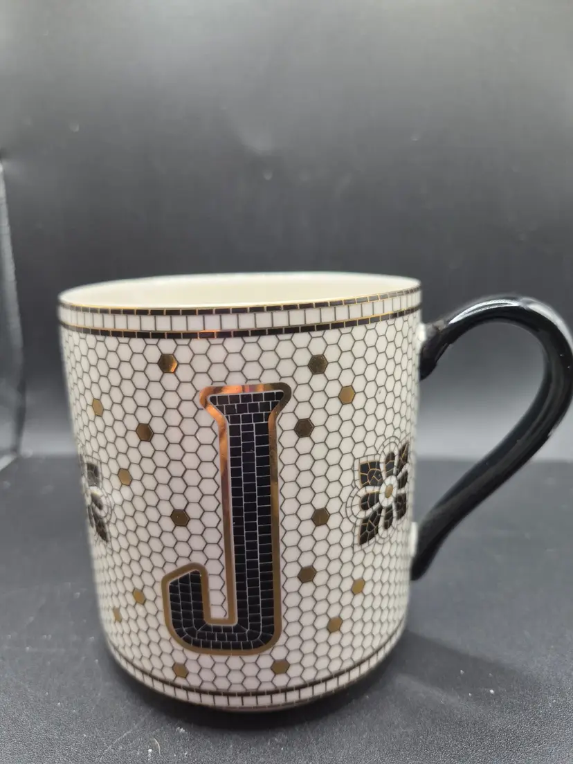 Anthropologie Monogrammed J Coffee Mug W/ Black Handle Honeycomb Floral Pattern