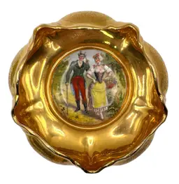 Vintage Osborne China Candy Dish Bowl 22k Gold Gilded Courting Couple Scene 5”