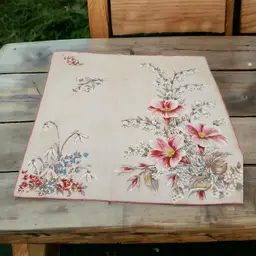 Vintage Burmel Pink Lilies Blue White Flowers Pink Trim Handkerchief Philipines