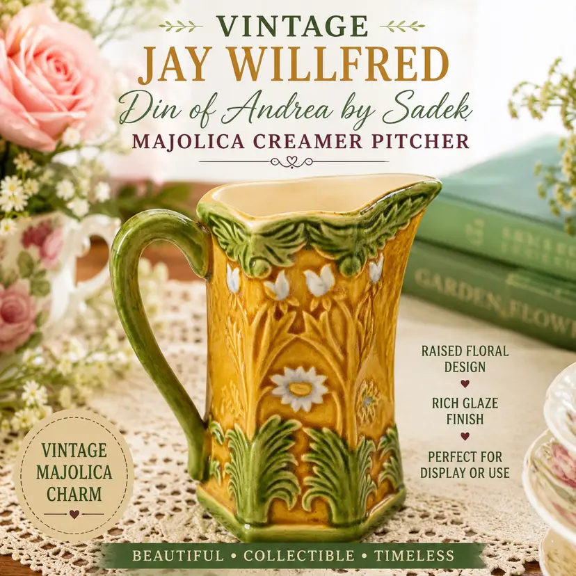 Vintage Jay Willfred Din of Andrea by Sadek Majolica Creamer Pitcher | MCM Raised Floral Relief