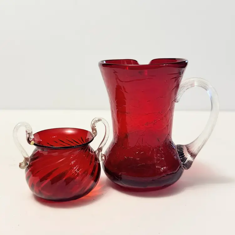 Vintage Ruby Red & Clear Handle Crackle Glass Pitcher & Miniature Bowl
