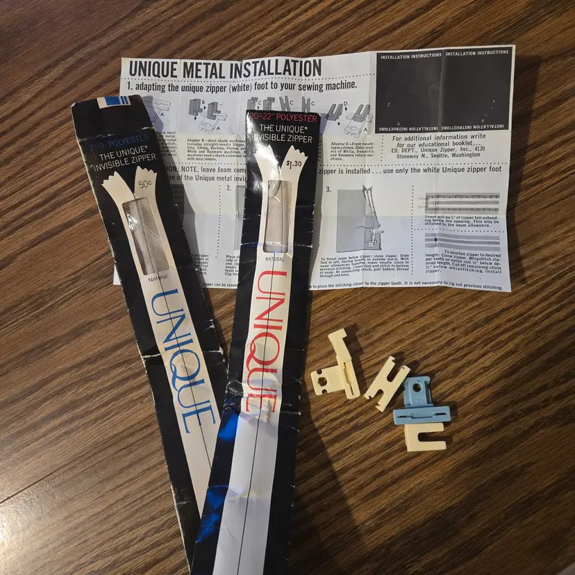 Unique Brand Zipper Foot for metal/polyester invisible zippers + 2 poly zippers