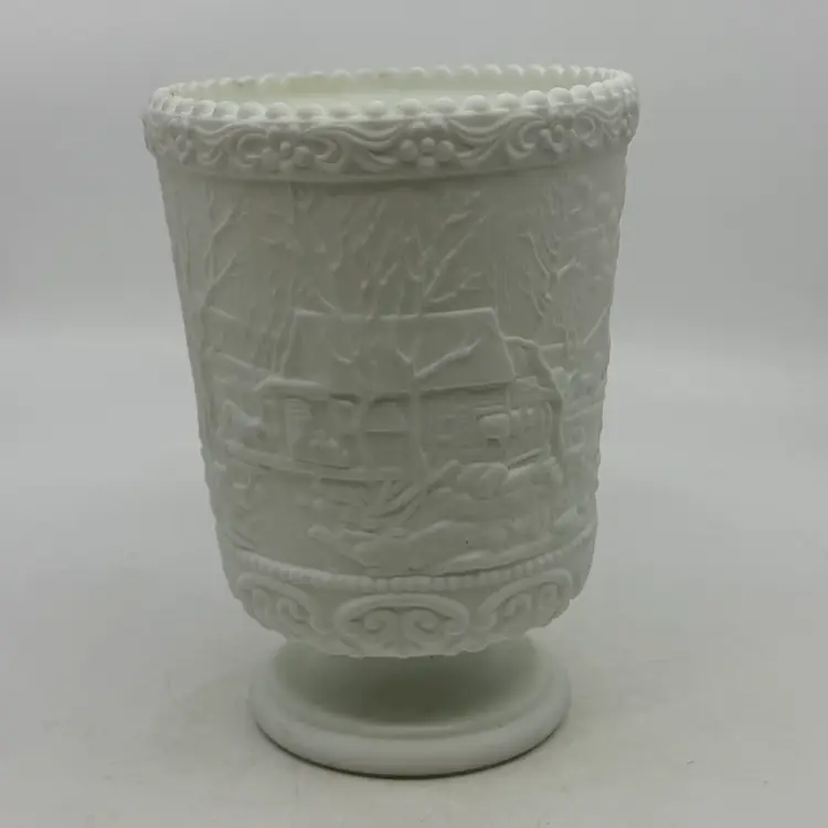 Vintage Fenton Art Glass Winter Woodland Log Cabin Embossed Scene Footed Planter White Milk Glass Satin Finish Vase Spooner
