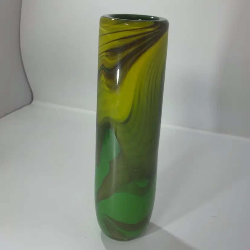 Hand Blown Green And Yellow Glass vase Singed Steve Main 1984