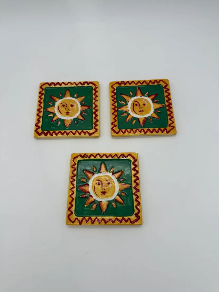 Southwestern Desert Sun Hanging Tiles Mexican Folk Art Pottery Set Of 3 Vtg.