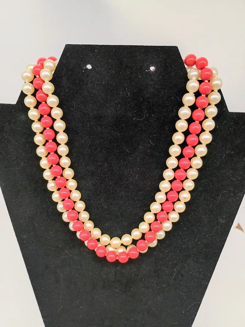 Vintage Japan Triple Strand Faux Pearl Choker Necklace