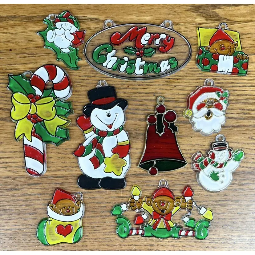 SUNCATCHER CHRISTMAS ORNAMENTS Plastic Stained Glass Style Santa Elf LOT of 10