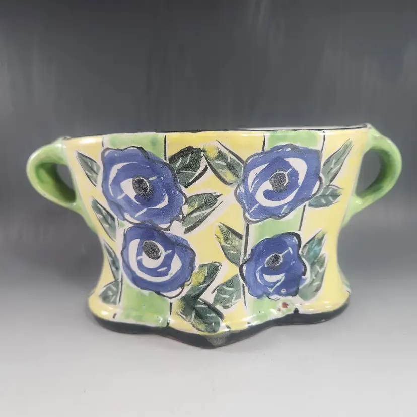 Posey Bacopoulos Studio Pottery OOAK Vase Planter Serving Dish Signed Yellow Floral Rustic Farmhouse - USA(NY)