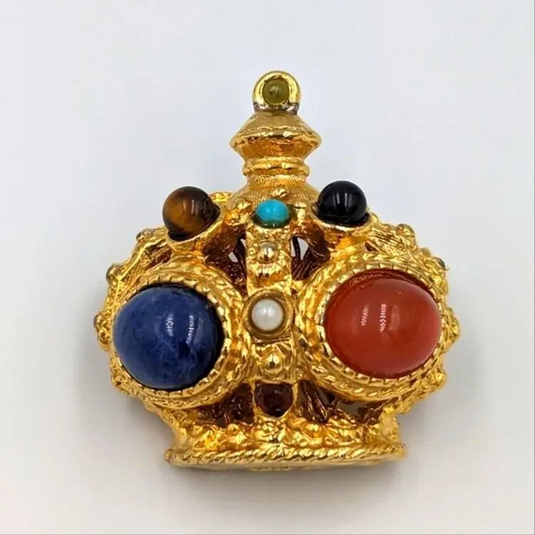 Vintage Small Crown Gold Tone Semiprecious Gemstones/Glass Cabochons Brooch
