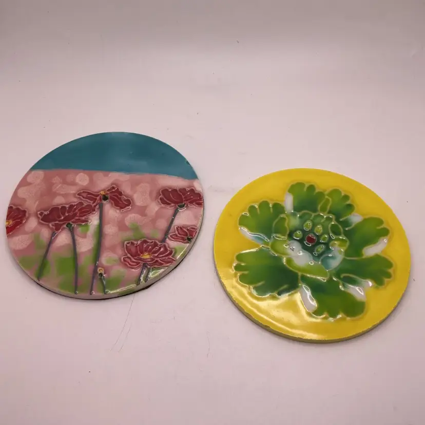 POW3 Two Colorful Coaster Candle Paperweight Stands 4”