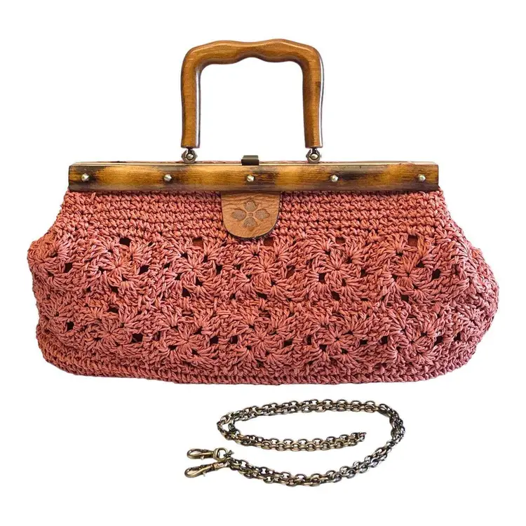 Patricia Nash Carmen SATCHEL HANDBAG Salmon Crochet Wood Leather Shoulder Chain