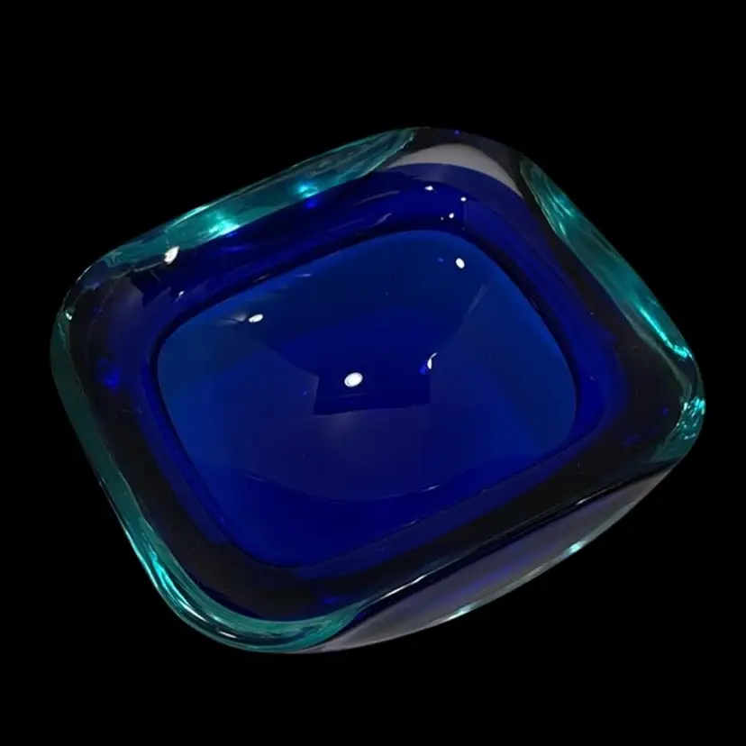 Vintage MCM Murano Geode Bowl, Murano Sommerso Cobalt & Turquoise Cased Glass Bowl 5.75”x 4.75”