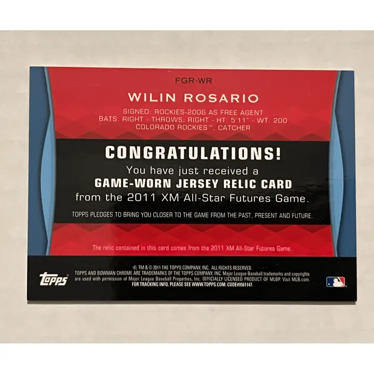 2011 BOWMAN WILIN ROSARIO XM ALL-STAR FUTURES GAME GAME WORN JERSEY RELIC 