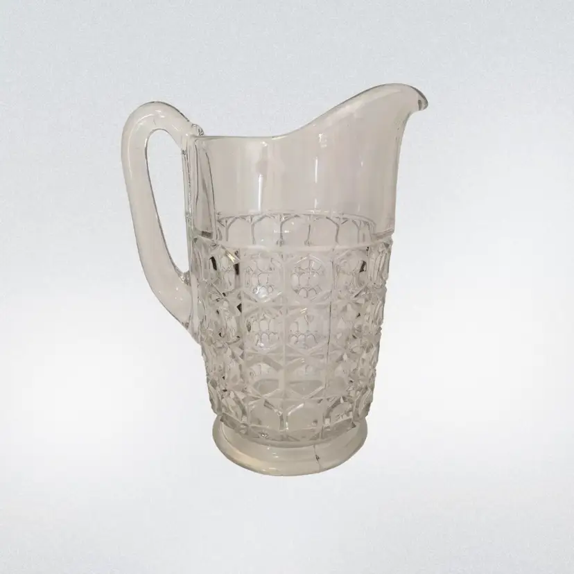 Vintage Mid Century Heavy Clear Glass Water Beer Juice Pitcher Geometric Pattern