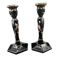 Fenton Black Onyx Candlesticks Hand Painted Floral Signed S (Sue) Jackson