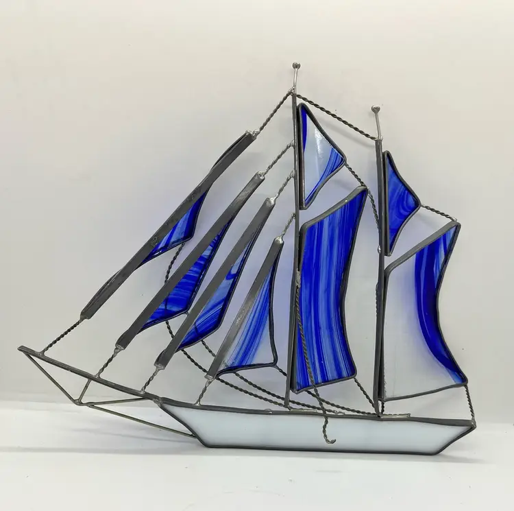 Stained Glass Sailboat Blue And White  9x12