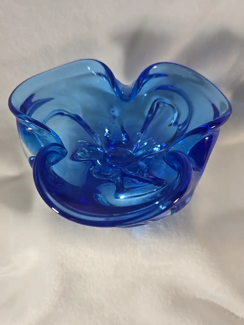 MCM Ocean Blue Art Glass Freeform Folded Edge Trinket Dish Decorative Bowl 5.25" wide